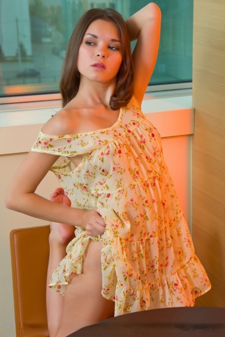 Alluring brunette teen Nastya K setting pink pussy free of clothes