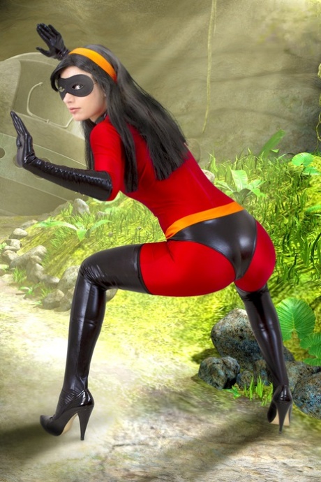 Solo model frees her tiny tits and landing strip pussy from cosplay attire