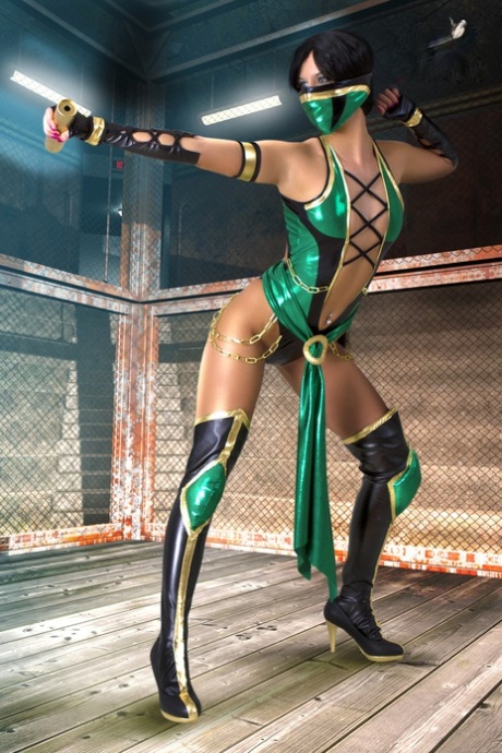 Dark haired beauty models a Mortal Kombat outfit in a sexy manner