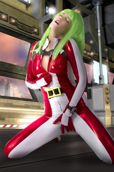 Cosplayer sports green hair while releasing her perky tits from her outfit