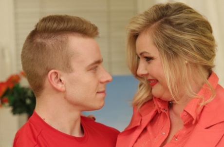 Sexy blonde fatty cougar gets ass licked & huge BBW tits fondled by young stud