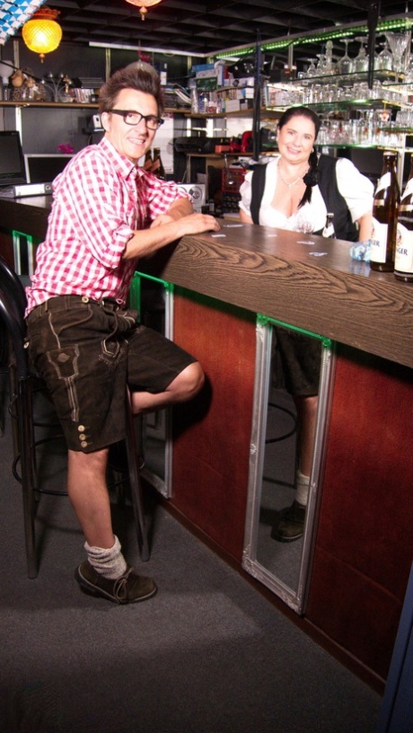Obese German granny serves up a beer before sucking and fucking a customer