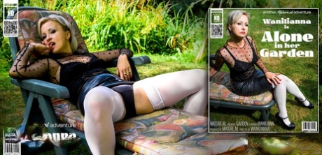 Old platinum blonde Nikita Wanilianna masturbates on a backyard lounge chair