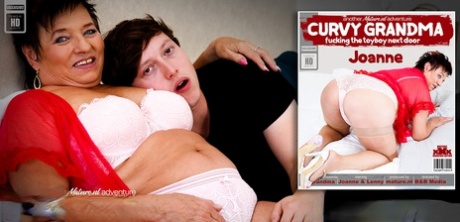 Overweight granny Joanne has sex with her far younger lover atop a bed