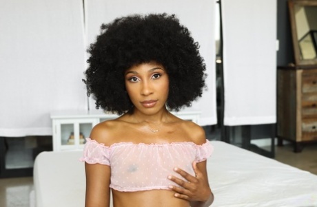 Thin black girl Olivia Jay sports an afro during sex with her white lover