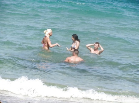 Teens Jazlyn, Shay and Savannah in bikini kissing at the party outdoor