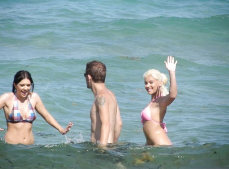 Teens Jazlyn, Shay and Savannah in bikini kissing at the party outdoor