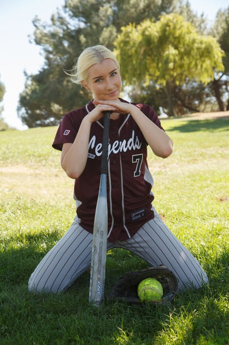 Sporty blonde Morgan Attwood flashing tiny tits & hot ass in a softball field