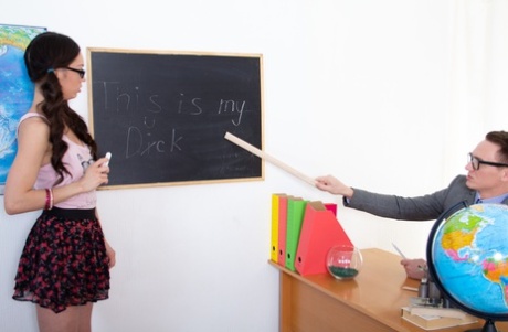 Attractive nerdy schoolgirl Arwen Gold fucks a teacher for grades
