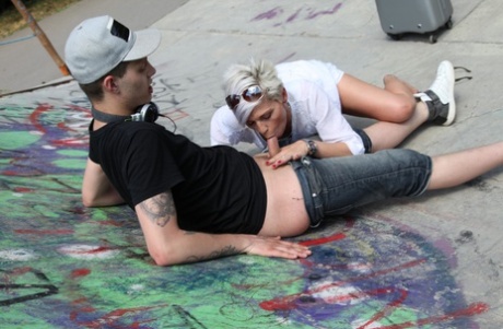 Blonde MILF Victoria gets her mature pussy fucked by a teen skater outdoors