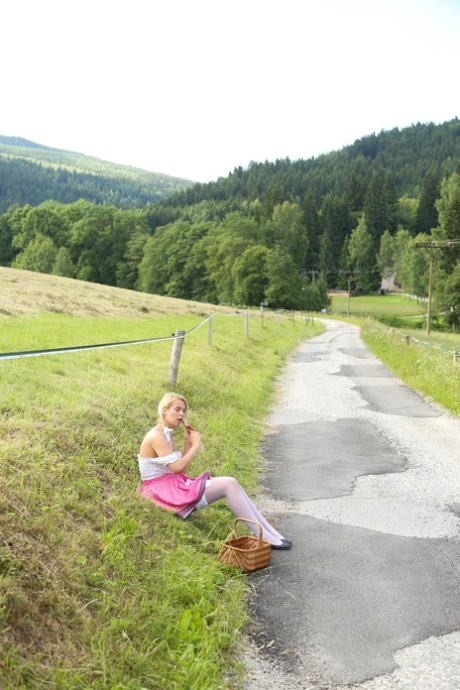 Hot country girl Nikki Dream masturbates by a road in her stockings