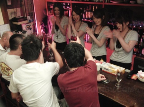 Brunette Japanese waitress Anna Kirishima and her coeds enjoy anal group sex