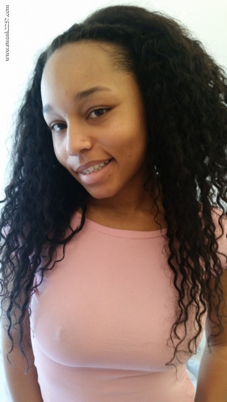 Beautiful ebony Alana reveals her incredible tits and toys her virgin pussy