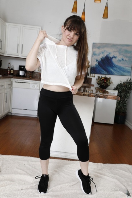 Curvy babe Alison Rey undresses & spreads her inviting shaved pussy up close