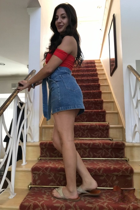 Sexy brunette Natalie Brooks shows her yummy trimmed pussy up close