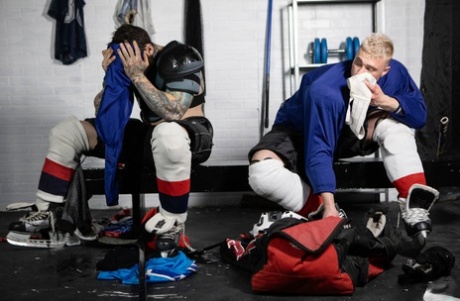 Horny gay hockey teammates Tony D Angelo and Aiden Jacobs bang after a game
