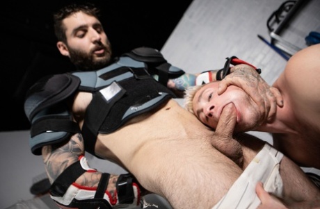 Horny gay hockey teammates Tony D Angelo and Aiden Jacobs bang after a game