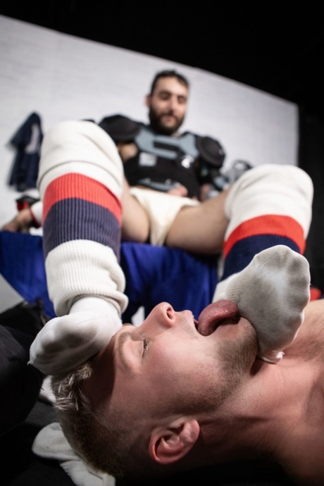 Horny gay hockey teammates Tony D Angelo and Aiden Jacobs bang after a game