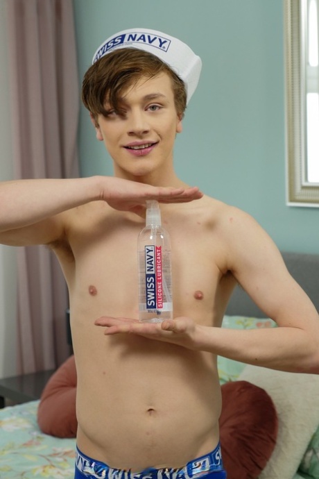 Skinny gay Alex Faux removes his undies and jerks off his rock hard knob