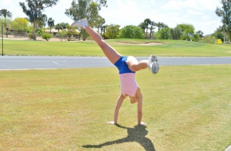 Amateur blonde athlete Kenna does exercise in her sexy sportswear