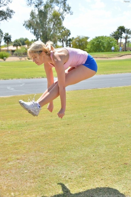 Amateur blonde athlete Kenna does exercise in her sexy sportswear