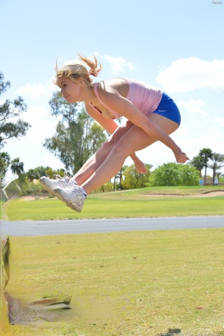 Amateur blonde athlete Kenna does exercise in her sexy sportswear