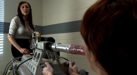 Lesbian AnnaBelle Lee rides a machine dildo doggystyle before sucking it