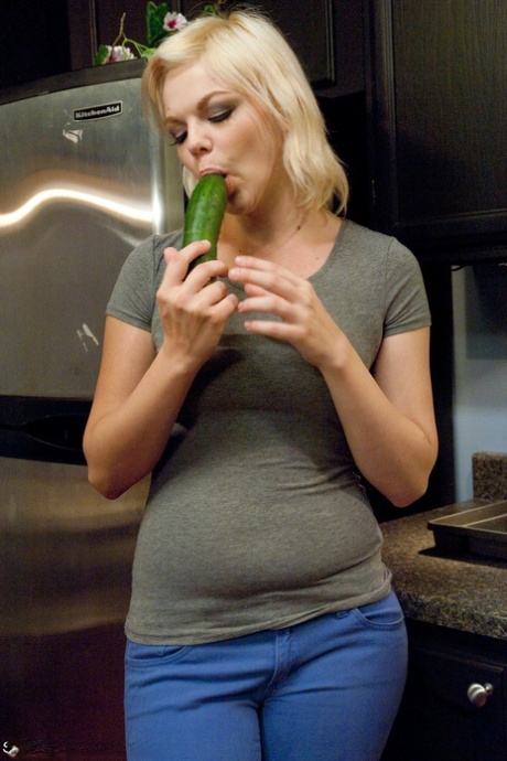Blonde American babe Alice Frost gets fucked with a dick and a cucumber